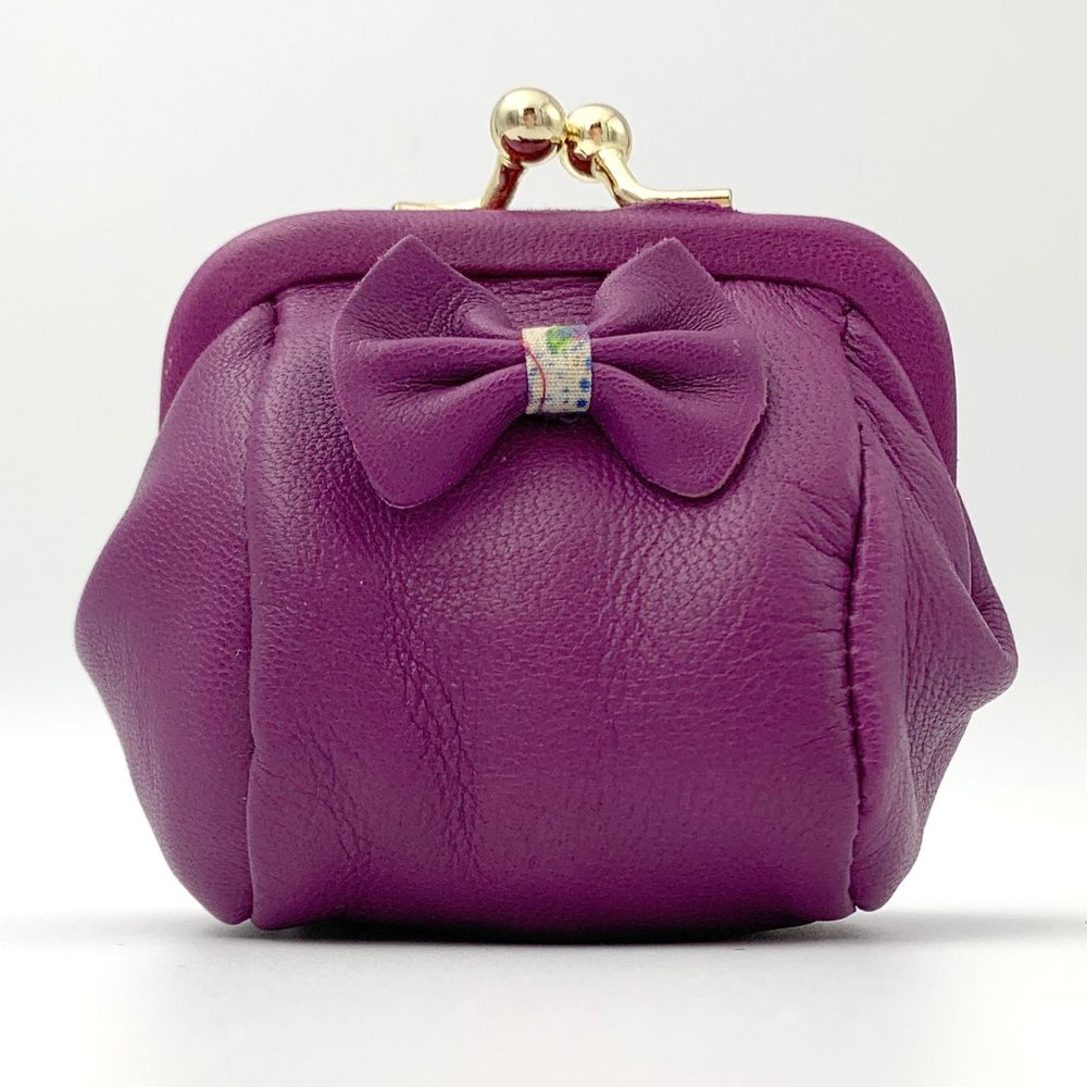 Vintage-style Mini Leather Coin Purse w Ribbon - Purple